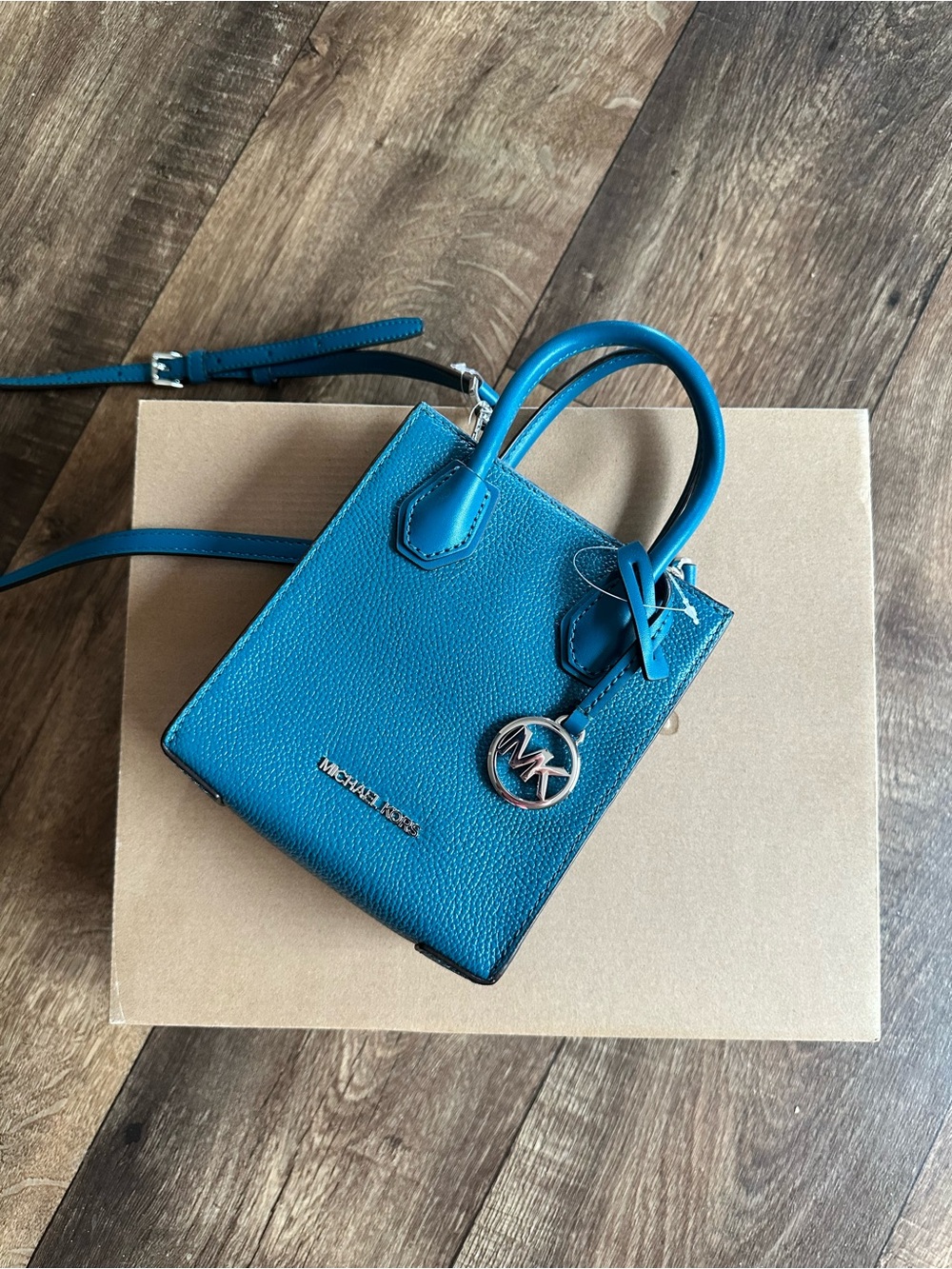 Michael Kors Teal Pebbled Leather Mini Tote with MK Charm